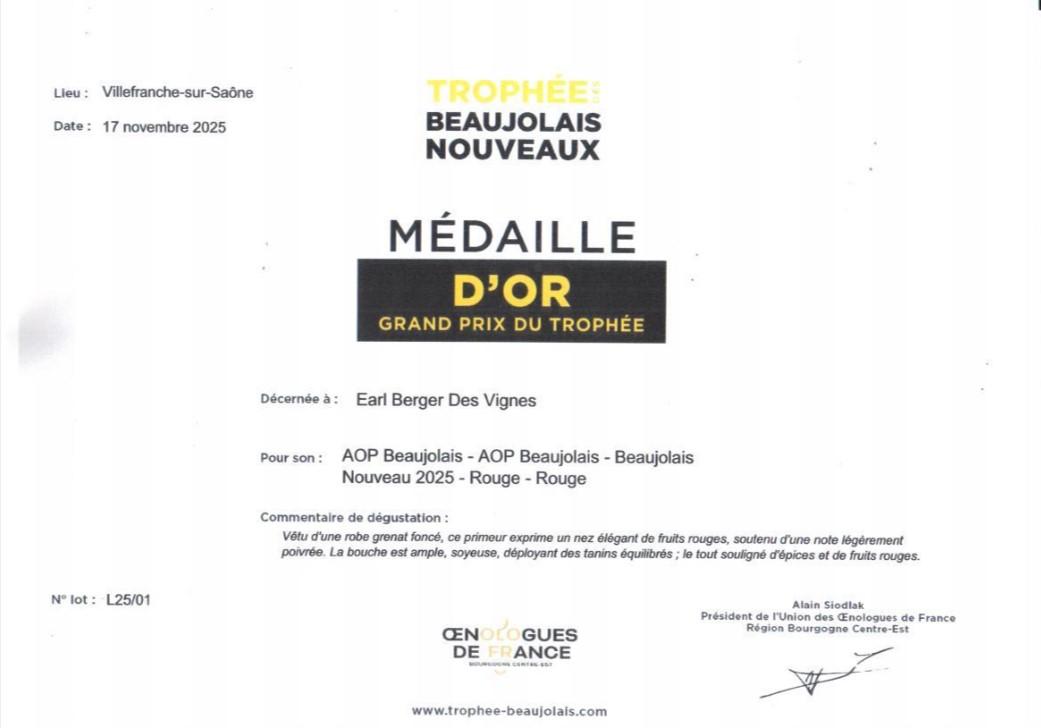 Médaille d'Or Beaujolais Nouveau 2025